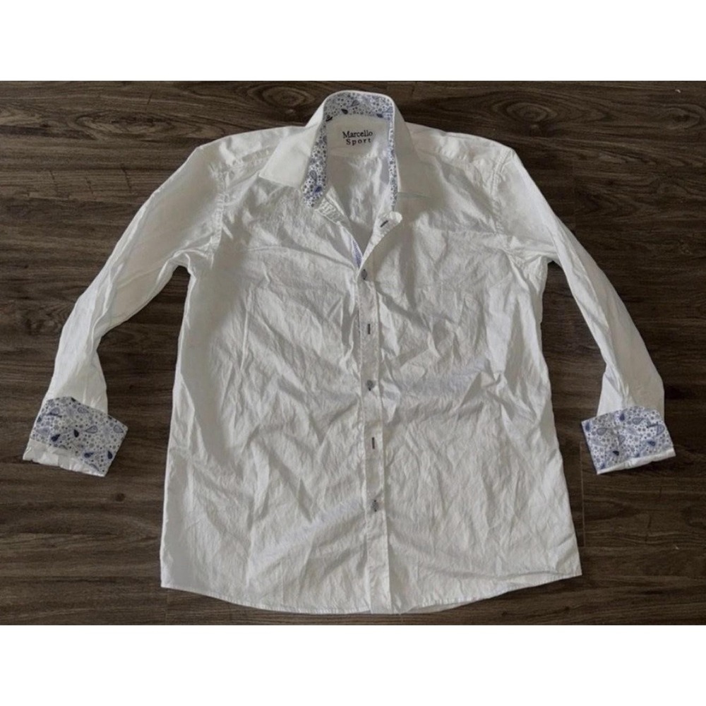 Marcello Sport Shirt Mens Large White Paisley Trim Long Sleeve Button Up Casual